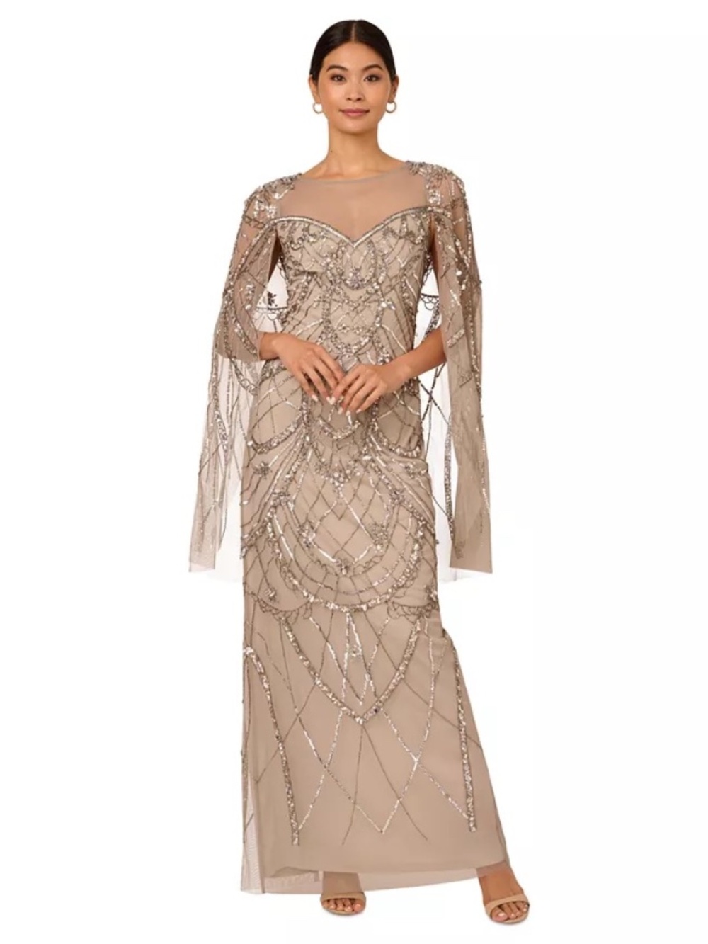 Adrianna Papell Women's Grey Beaded Cape-Sleeve Gown
